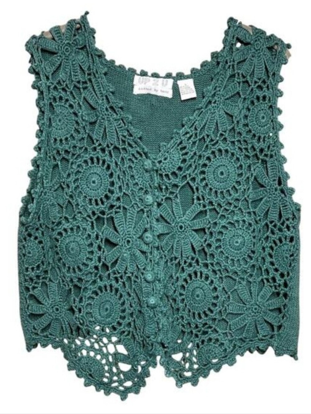 Up 2 U Hand Knitted crochet open knit sweater vest cardigan whimsy fairy Vintage